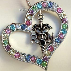 Silver RN Caduceus Crystal Nursing Necklace Heart Nurse Graduation Gift